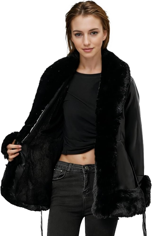 MUKEMUHE Winter Faux Fur Coats for Women, Thick Warm Faux Leather