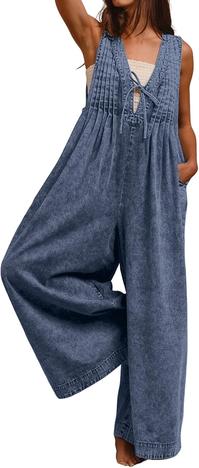 loveimgs Women Flowy Sleeveless Jean Jumpsuit Wide Leg Overalls Baggy Pleated Ruffle Tank Romper Summer Y2k 2025 Pocket