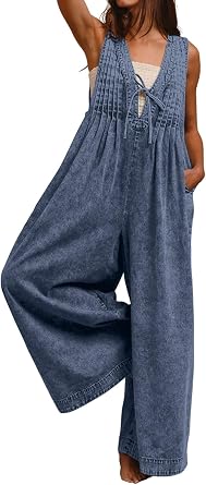 loveimgs Women Flowy Sleeveless Jean Jumpsuit Wide Leg Overalls Baggy Pleated Ruffle Tank Romper Summer Y2k