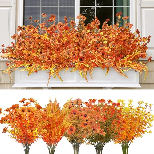 16 Pcs Fall Artificial Mums Flower Bouquet Set with 4 Realistic Varieties, Autumn Greenery Artificial Flower for Porch Window Box Farmhouse Thanksgiving Home, Faux Flowers Decor for Outdoor Indoor