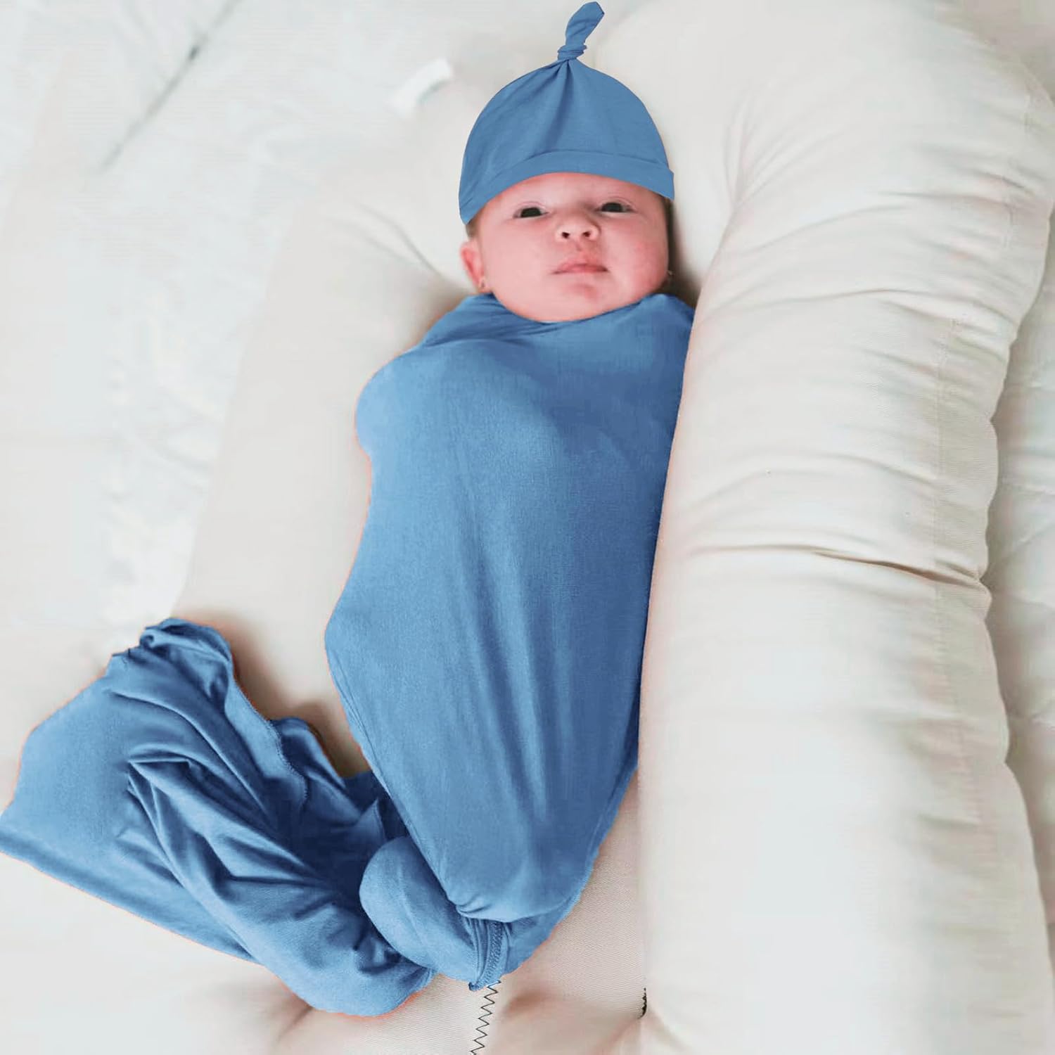 Newborn Swaddle Blanket with Hat Set Baby Swaddle Set Hospital Receiving Blankets for Girls Boys(Steel Blue,35"*35") - Image 4