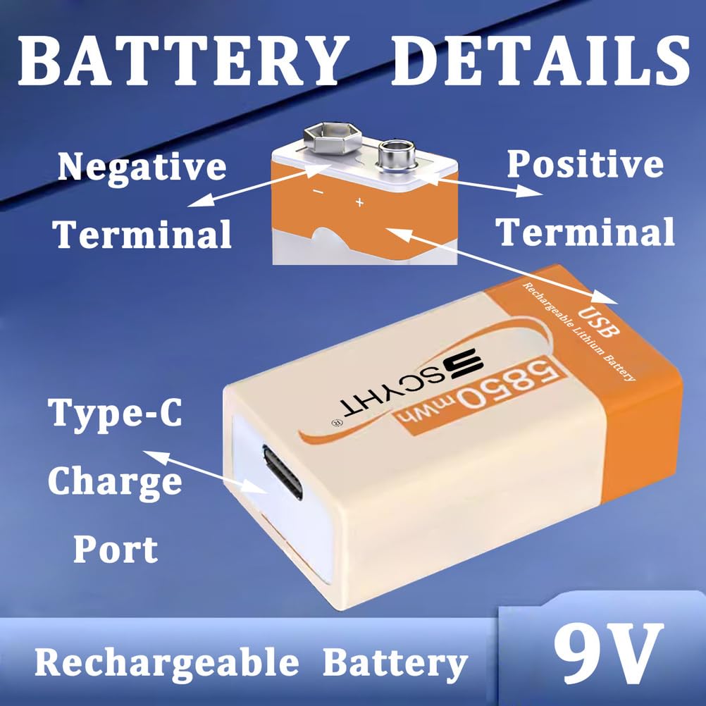 Baterie litowe USB 9 V Bateria zamienna 9 V Bateria litowo-jonowa do czujników dymu i radioodbiorników przenośnych Baterie 5850 mAh z kablem typu C,9v5850mah 2pack