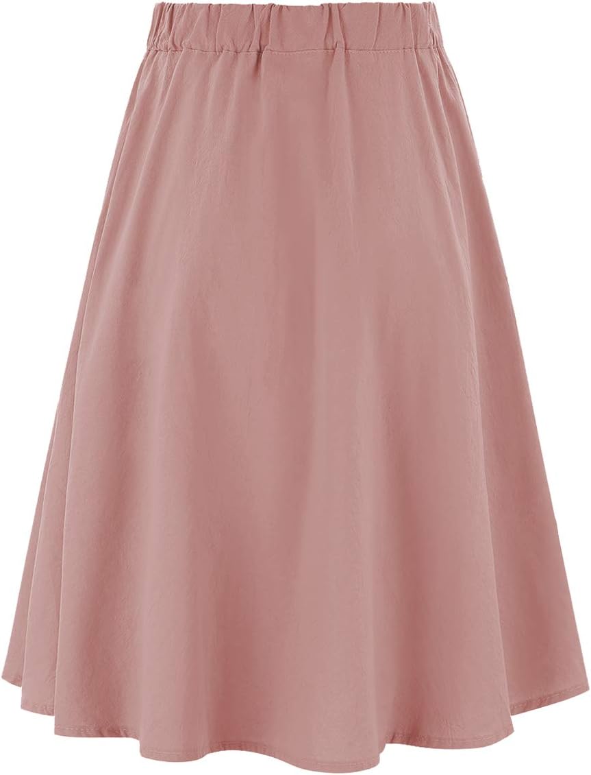 Women's A-Line High Waisted Button Front Drawstring Pleated Midi Skirt with Elastic Waist Knee Length Pink