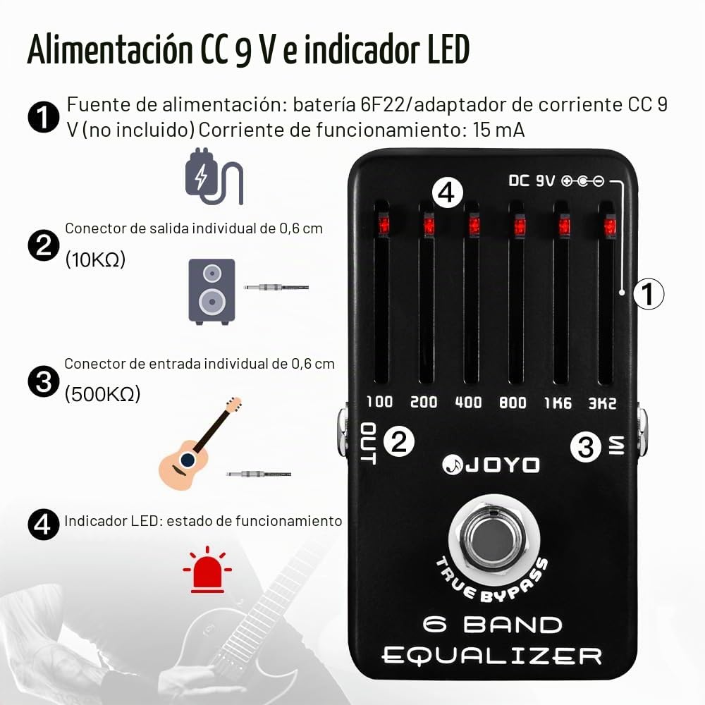 JOYO Ecualizador de guitarra eléctrica con pedal de ecualizador de 6 bandas hz proporciona ± 18 dB para cada banda (JF-11)