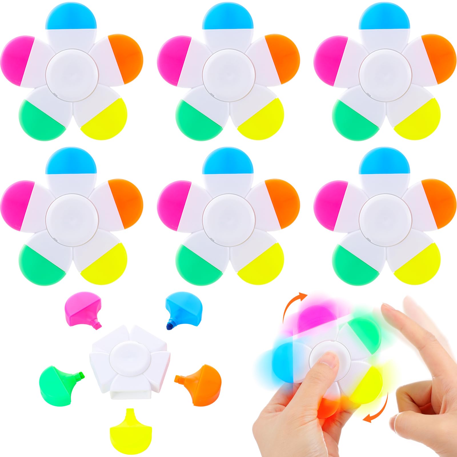 Geyee 6 Pieces Flower Highlighters Assorted Colors Fun Shape Watercolor Fidget Spinner Petals Highlighter Pens 5-in-1 Fluorescent Pens for Office