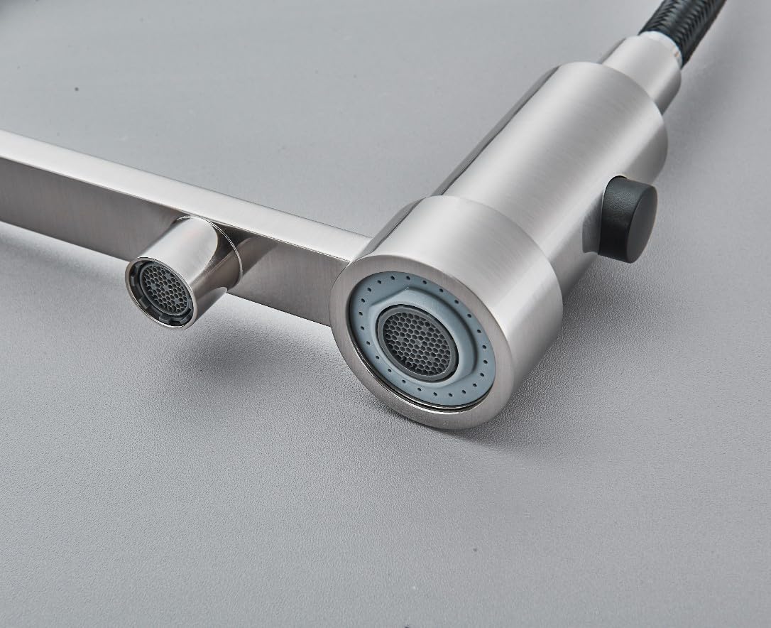 Rubinetto da cucina a 3 vie SOLID SPRING con doccetta estraibile, cavo separato per filtro dell'acqua, beccuccio girevole a 360°, rubinetto a molla in ottone, montaggio monoforo (acciaio inossidabile)
