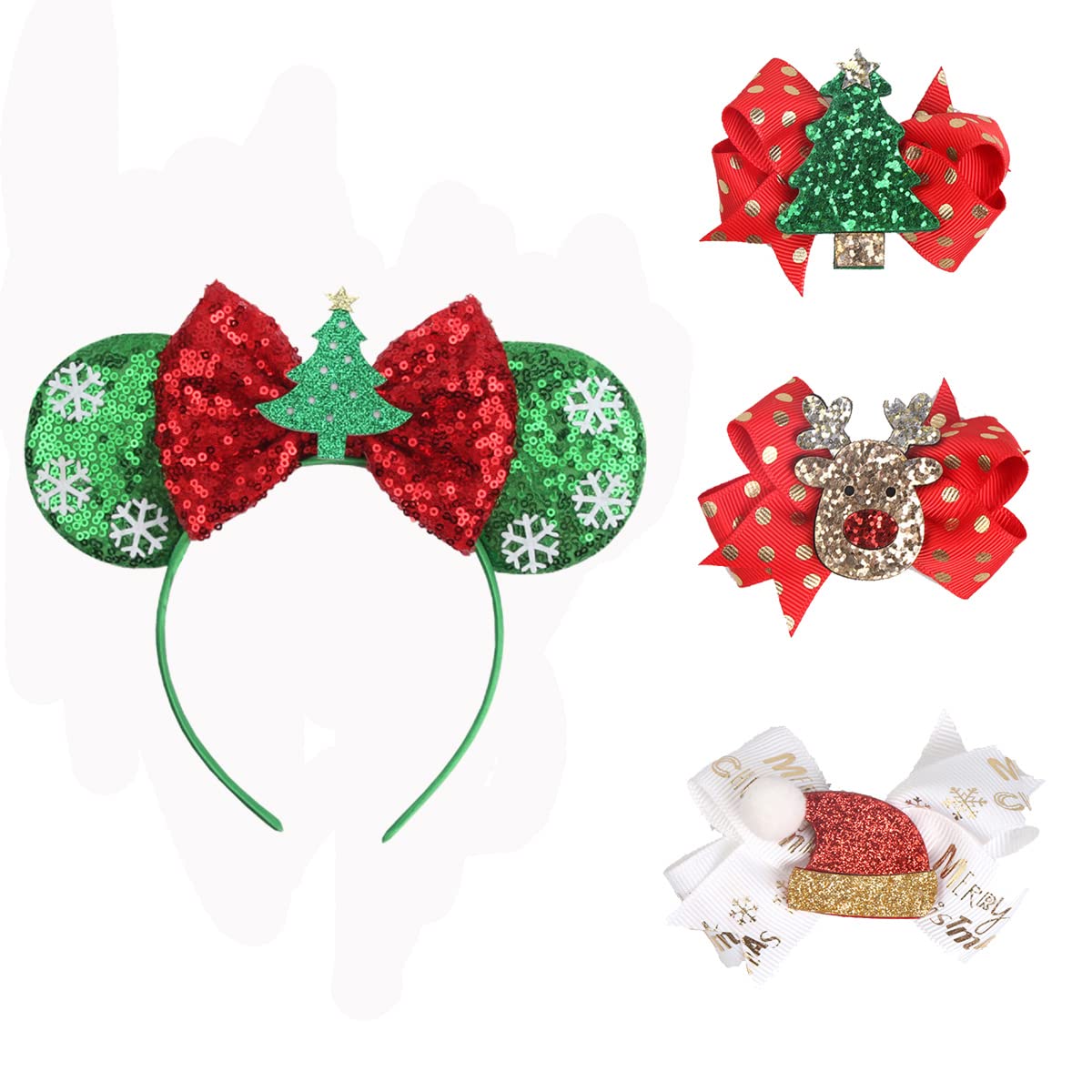 Christmas Mouse Ears Bow Headband Hair Hoop, Glitter Christmas Tree Santa Hair bands Hair Accessories (headband&hairclip 4pcs)