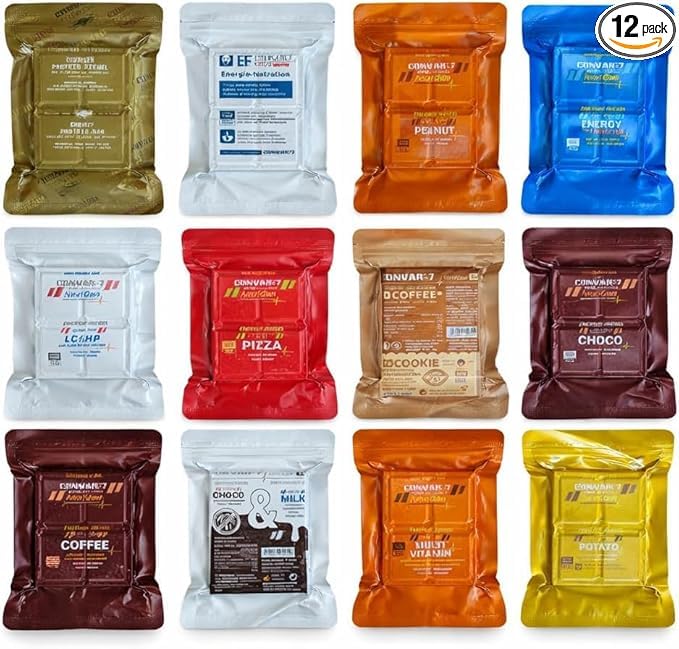 CONVAR-7 Assortimento di razioni energetiche – confezione completa da 12 per sport, attività outdoor e situazioni di emergenza. Alimentazione di sopravvivenza compatta a lunga conservazione.