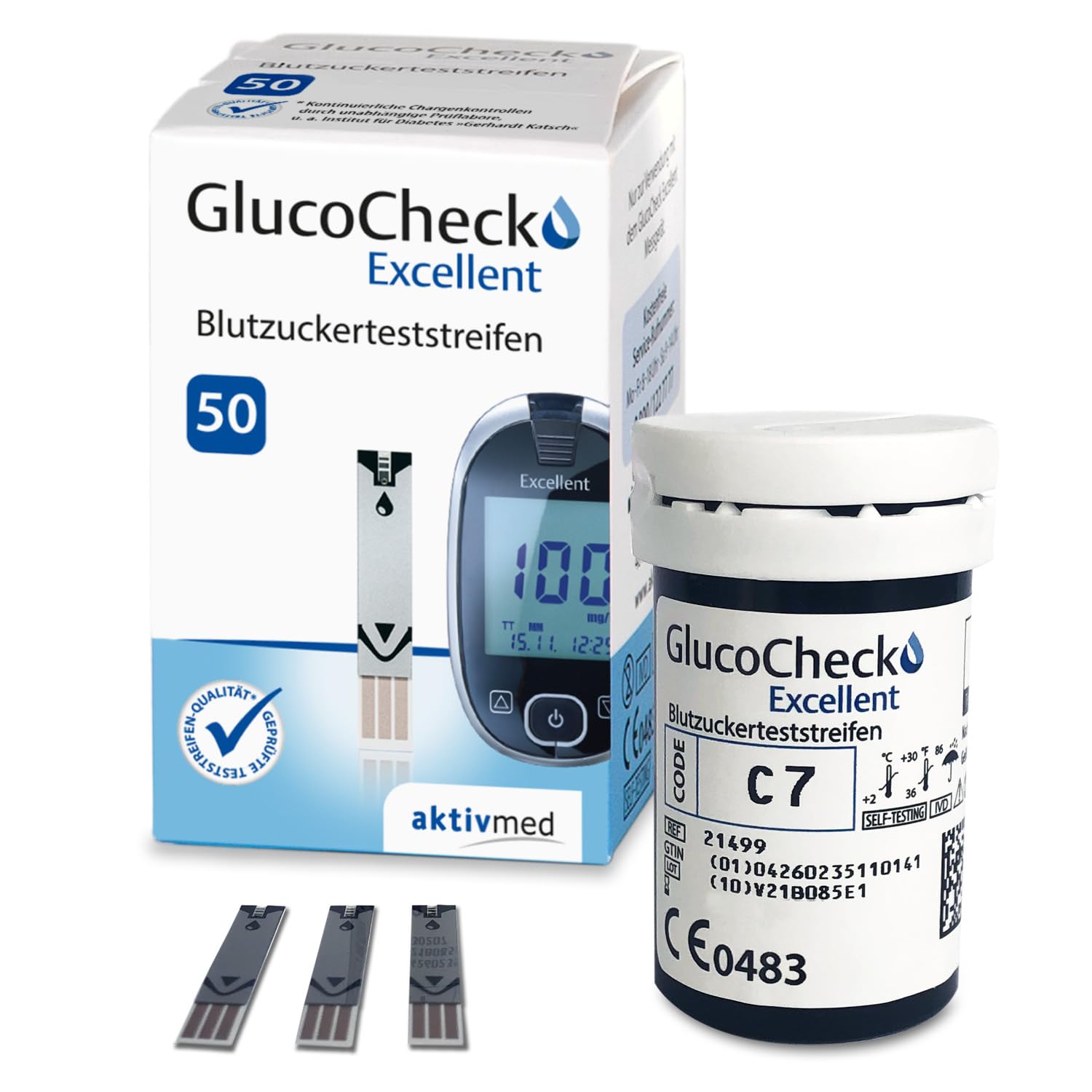 GlucoCheck Excellent Blutzuckerteststreifen, 50 Stück zur Kontrolle des Blutzucker-Wertes