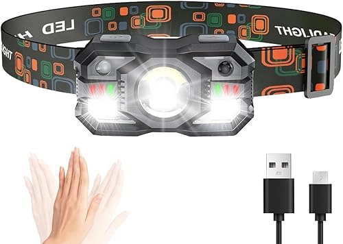 Skylla Linterna frontal recargable, 1200 lúmenes ultra brillante LED linterna con luz blanca y roja, sensor de movimiento impermeable, 5 modos de