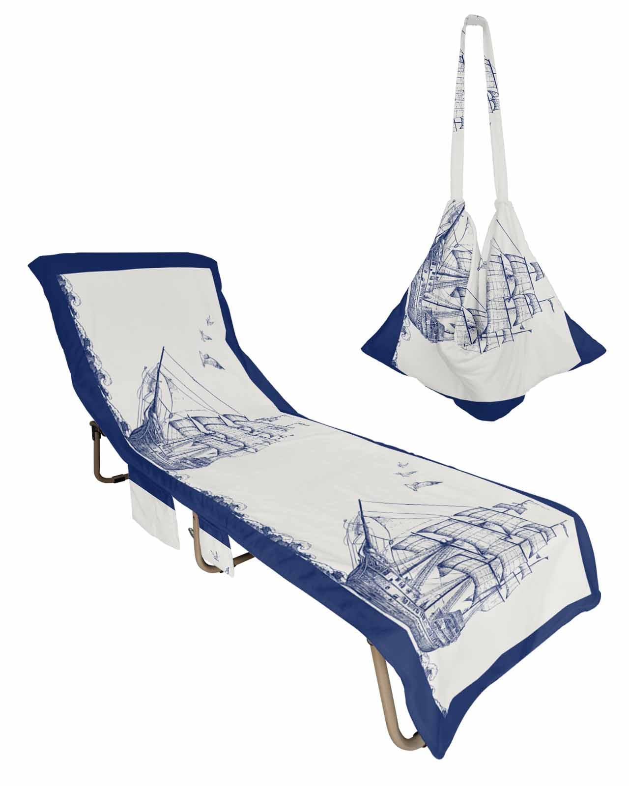 Navy Blue Nautical Beach Lounge Chair Towel Cover, Soft Chaise Lounge Towel with Side Pockets Patio Pool Chairs Cover for Beach/Pool Sunbathing 29x85 Beach Ocean Coastal Seaside Sailboat