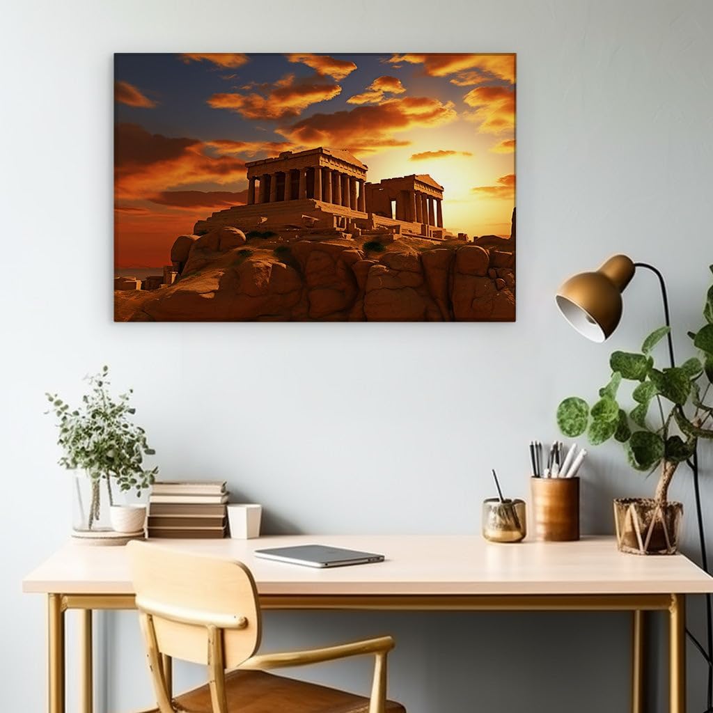 Canvas for Living room. Sunset Over The Erechtheion Unveiling Ancient Greece's Architectural Elegance, 27 x 18 inch Canvas Wall Art - Ready to Hang