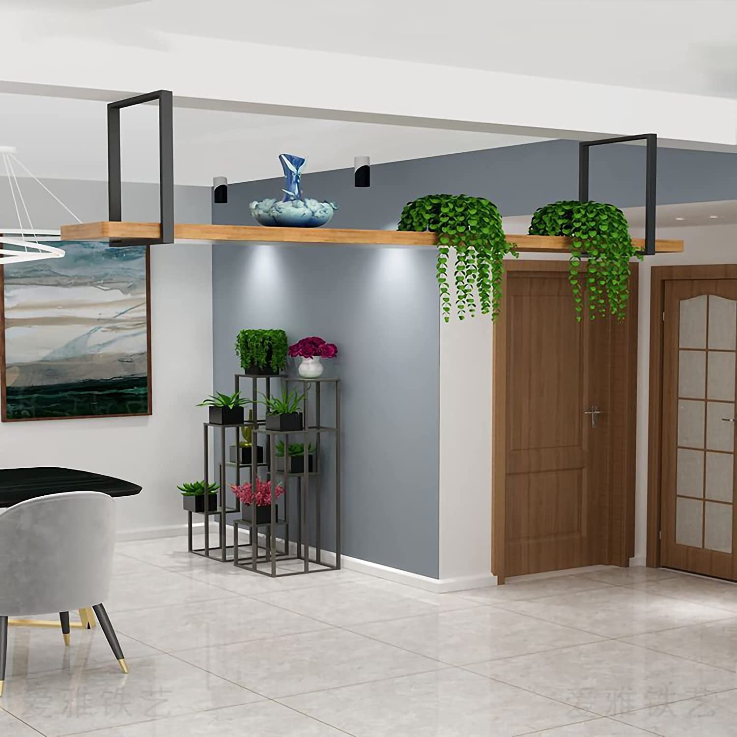 Cloison de Plafond Suspendue Métal Bois Massif Grand Vin Présentant des Livres, des Plantes, du Vin, du Stockage et des Supports décoratifs (Couleur : Noir, Taille : 100 x 30 x 50cm)