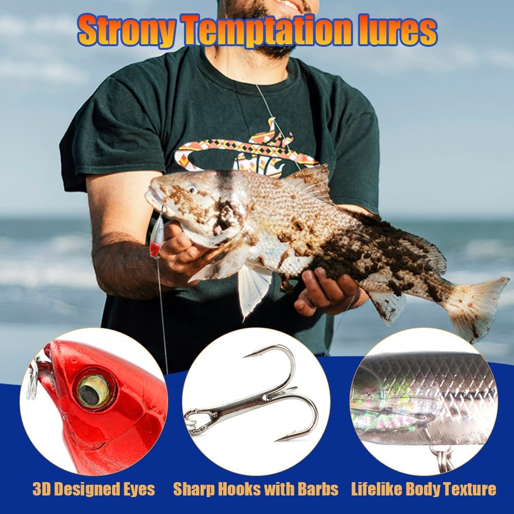 300PCS 3D Fisch Angelnköder Gemischt, Fische Angelzubehör Hecht Köder Set, VIB Fischen Höhenhaken Einzelhaken Künstliche Köder Fisch für Süßwasser Salzwasser Fischen