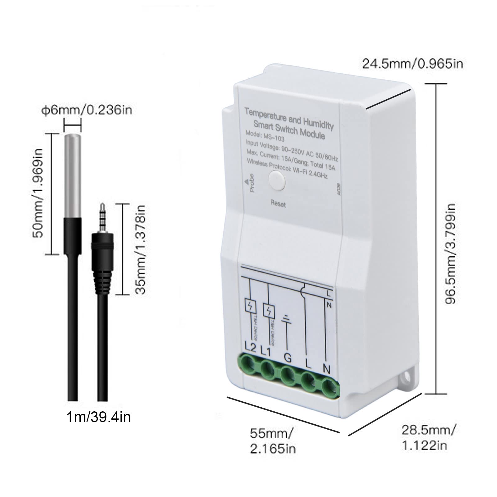 Interruptor Inteligente de Temperatura Y Humedad WiFi, Sensor de Módulo de Controlador de Salida de Relé Dual con Sonda de Temperatura, 90‑250 V para La Aplicación Tuya Smart Life