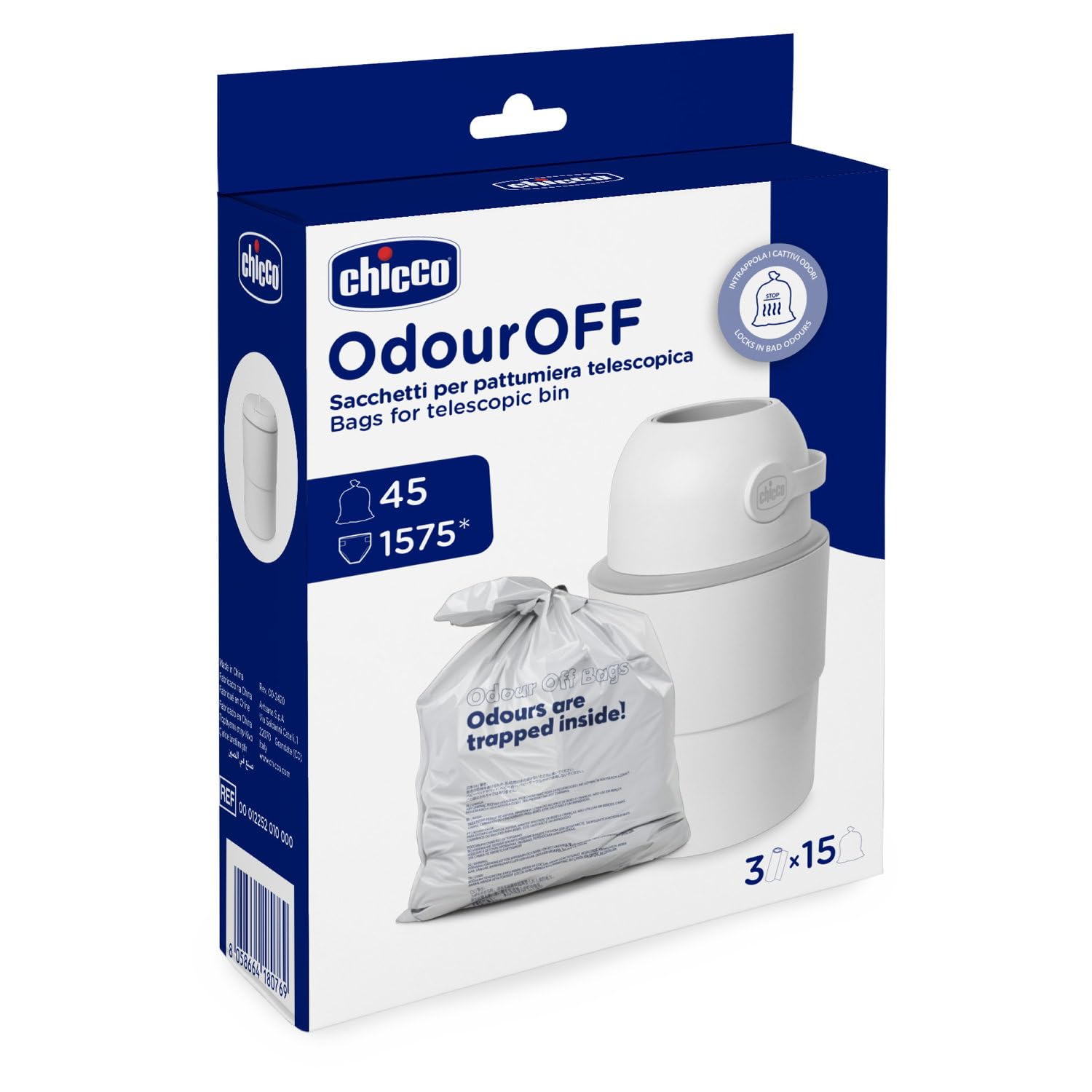 Chicco Sacchetti Odour off 45 pezzi, Mangiapannolino, Triplo Strato, Antiodore