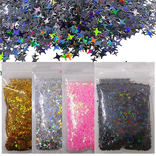 Lifextol 4Pack 40g Holographic Star Chunky Glitter Falkes Laser Black Gold Nail Glitter Sequins Set Festival Makeup Body Craft Resin Glitter Acessories(Cross Star)