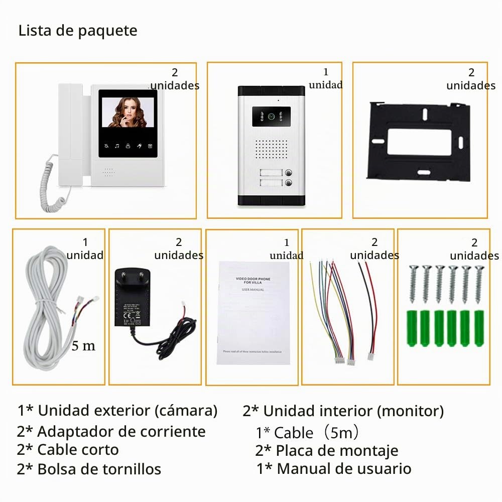 Sistema Intercomunicación Timbre Video Puerta de 4.3" 2 Monitores + Cámara de Visión Nocturna 700TVL para 2 Apartamentos/Familias