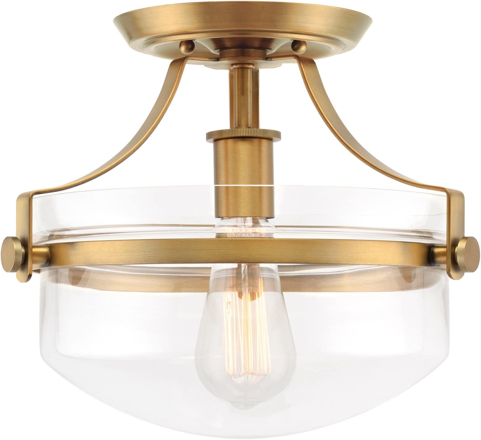 Zurich 12" Rustic Farmhouse Semi-Flush Mount Ceiling Light + Glass Shade, Warm Brass Finish