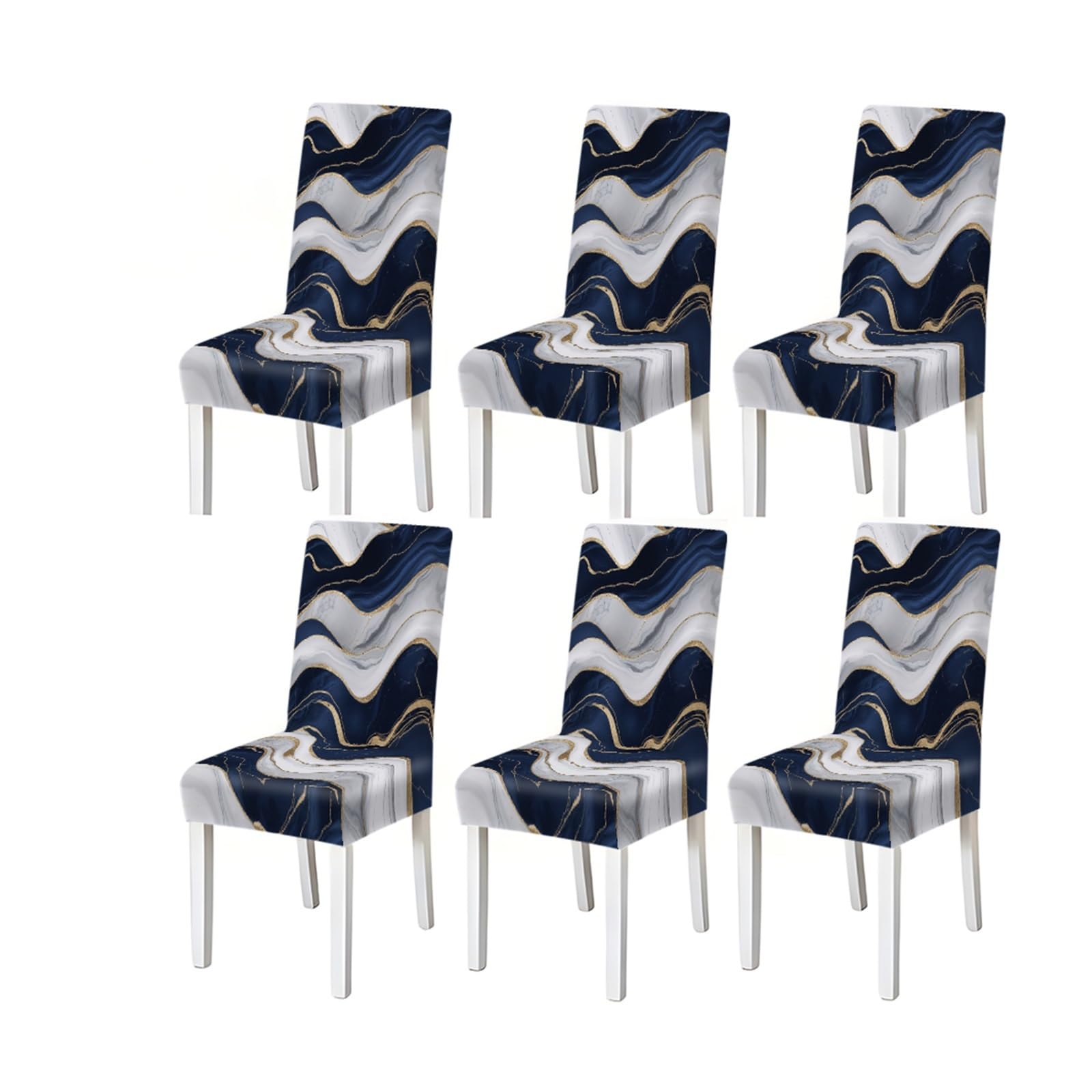 BOSUYBN Navy Blue White Gold Marble Pattern Print Dining Chair Covers Set Of 2/4/6, Stretch Slipcovers For Kitchen Dining Room Furniture Protectors for Home Dining Room(6PCSChair cover)