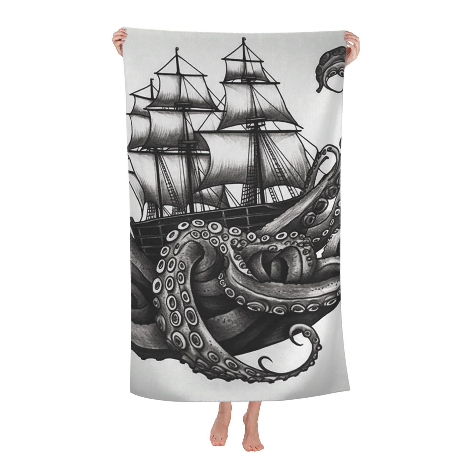 FodPand Black and White Octopus and Ship Beach Towel Oversized 52 x 32 in Sand Free Pool Swim Towels for Adult Travel Blanket Lightweight Quick Dry Absorbent Bath Towels Cruise Vacation Accessories