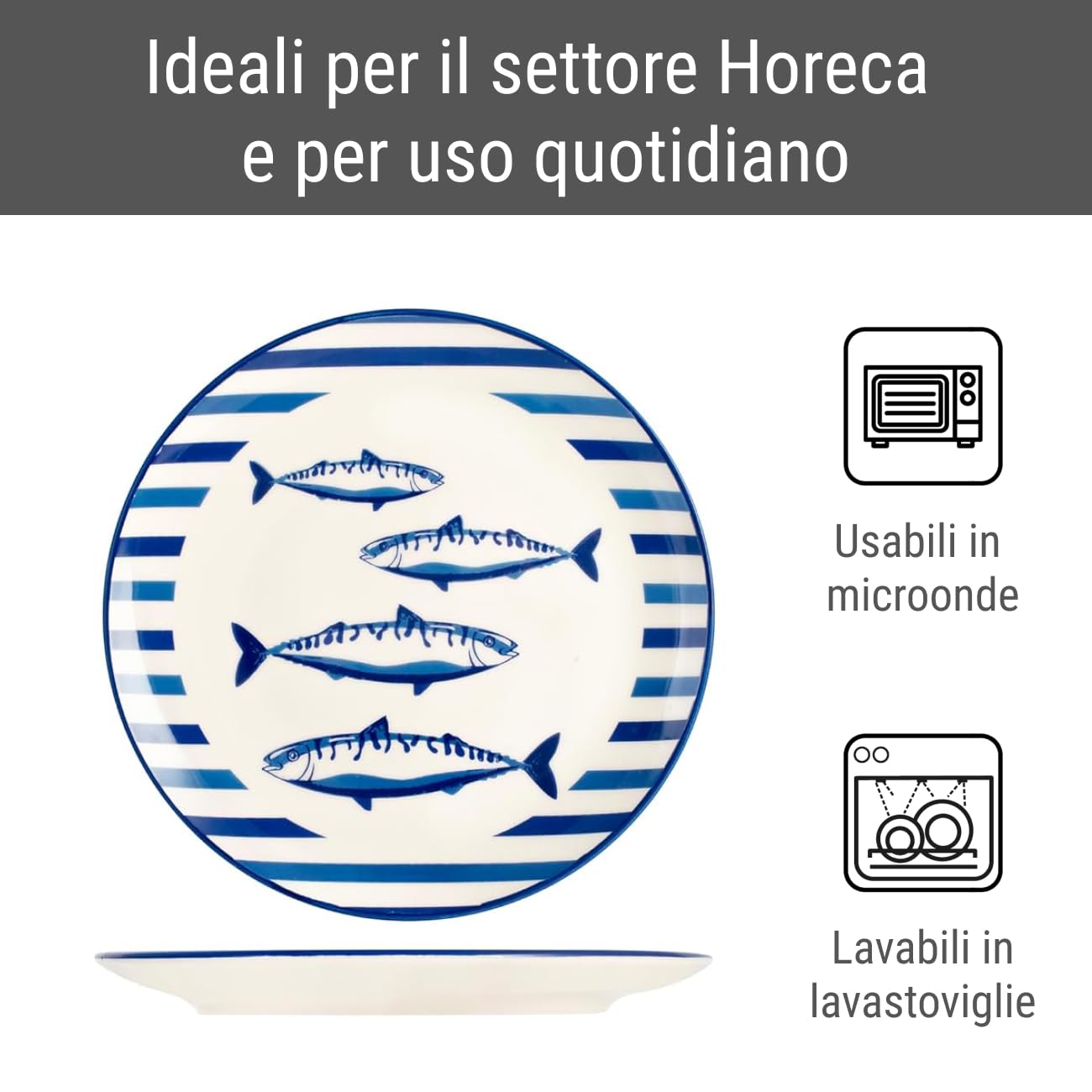 H&H-Set 12 Piatti Piani, linea Puerto, 26 cm, in stoneware, decorazioni a tema marino sui toni del blu, lavabili in lavastoviglie