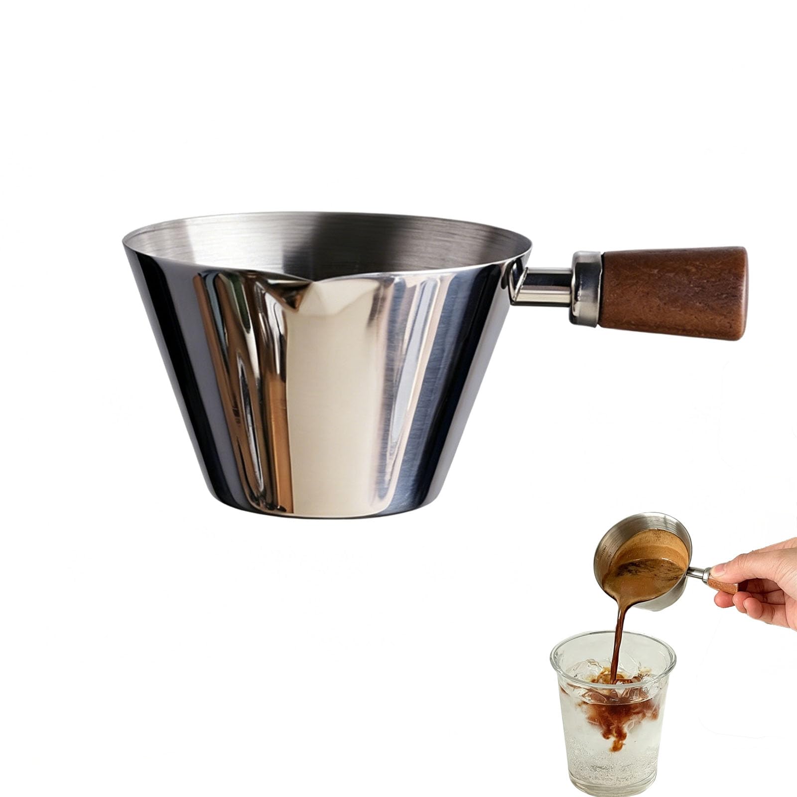 Espresso Messbecher, mit Holzgriff und Abgestufter Skala (Silver) | 100 Ml Messbecher Kaffee Edelstahl, Mit v-Förmigem Ausguss Genaue Flüssigkeitsportionskontrolle Kaffee, Desserts, Cocktails