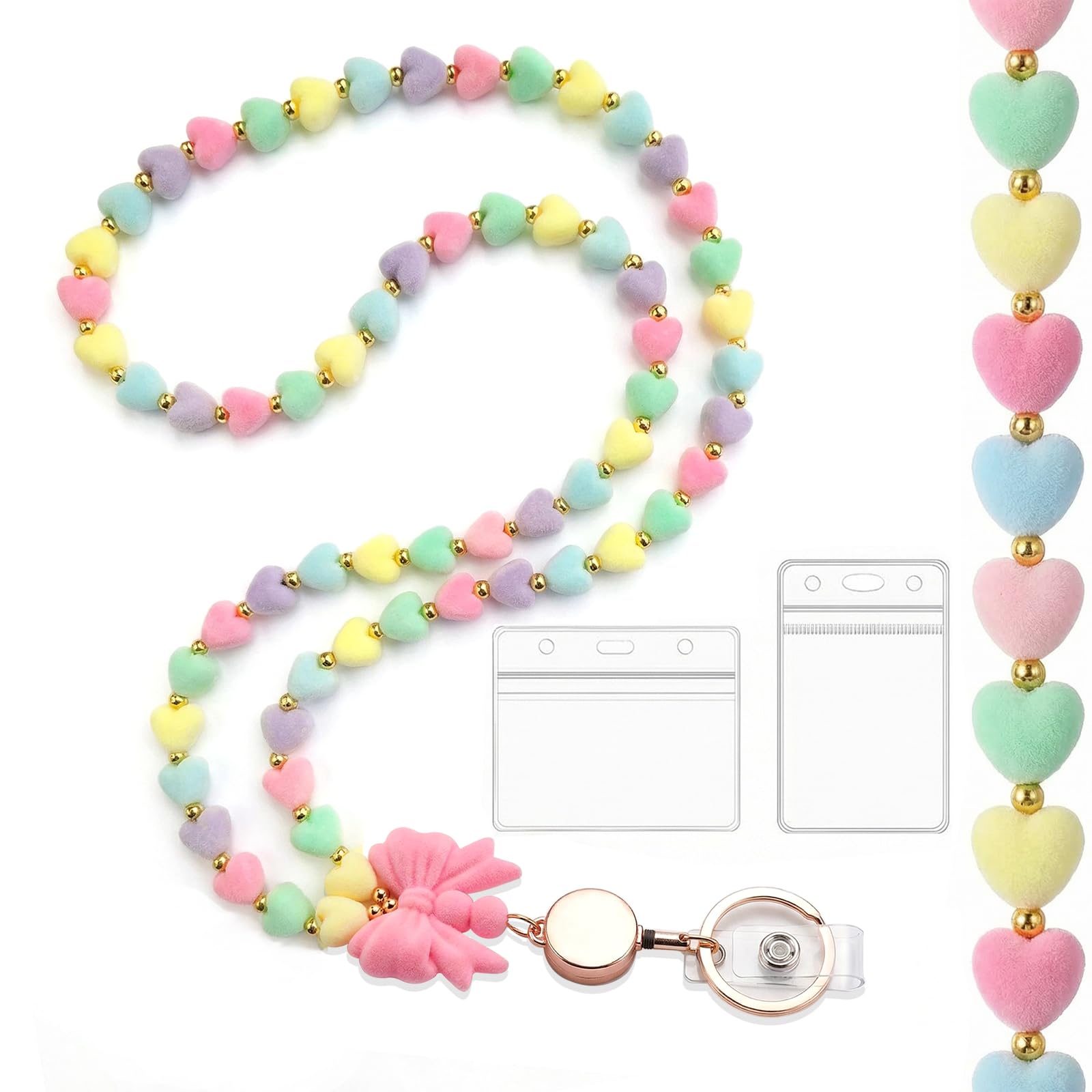 Photo 1 of Horee Flocked Lanyards for Id Badges and Keys, Women Teacher Beaded Lanyard with Retractable Reel, ID Card Holder Necklace (Colorful)