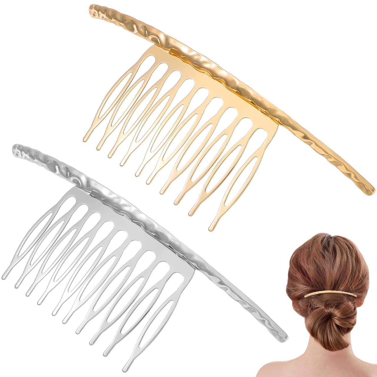Minkissy Horquilla para el pelo, peine lateral de aleación, 2 unidades, color plateado y dorado, accesorio para el pelo para mujeres y niñas