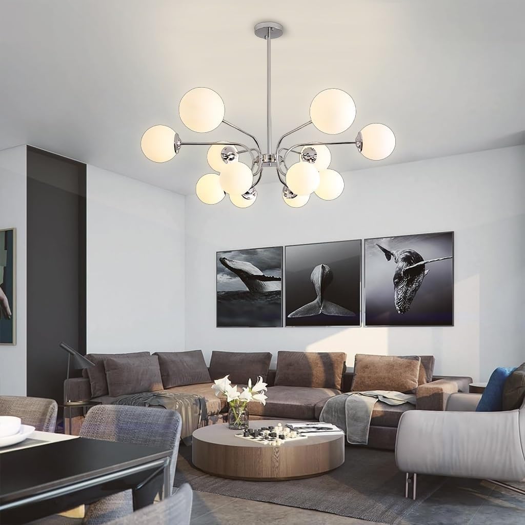 12 lekkich nowoczesnych luksusowych metalowych lamp wiszących z połowy wieku, regulowany, skandynawski, luksusowy, szklany, kulisty żyrandol do kuchni, baru (chrom)