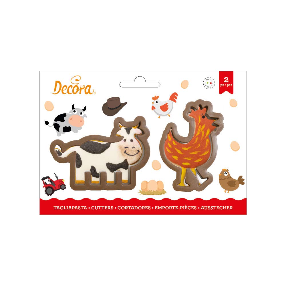 Decora 0255192 Set 2 Tagliapasta Mucca E Gallina In Plastica, Il Kit Ideale per Creare Decorazioni in Pasta di Zucchero o di Gomma, Made in Italy, Design originale. Confezione da 2 pezzi.