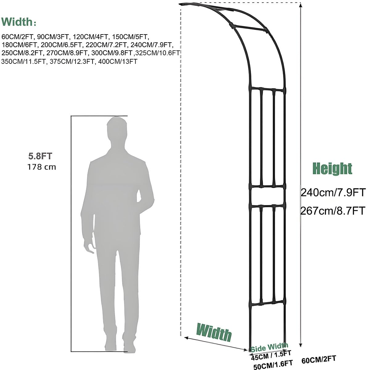 Demi Arche Arceau à Rosiers Tuteur pour Vignes Grimpantes, Arche de Jardin Demi-Mur Latéral Tonnelle Support pour Plantes Grimpantes Exterieur Pelouse Patio 240cm 267cm(Black,75x267x60cm)