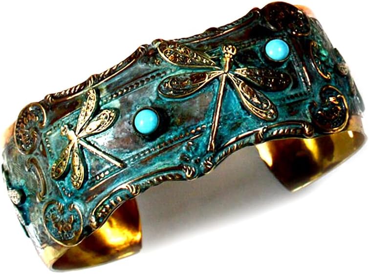 Elaine Coyne Collectible Artwear - Dual Dragonfly Cuff Bracelet with Sleeping Beauty Turquoise