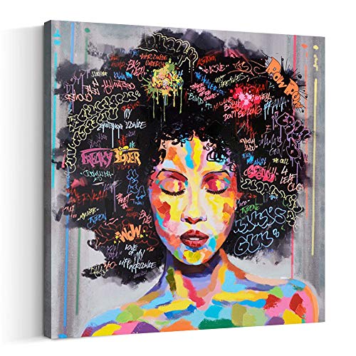 FREE CLOUD Crescent Art Abstract Pop Black Art African American Wall Art Afro Woman Painting on Canvas Print Wall Picture for Living Room Bedroom Wall Decor (A Framed, 24 x 24 inch)