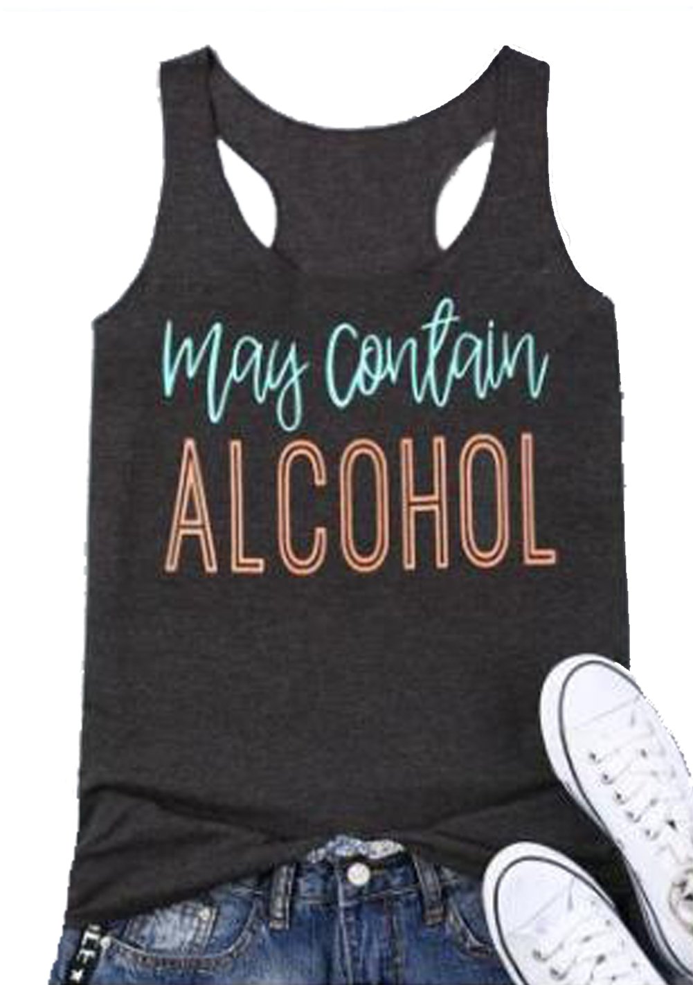 FAYALEQ May Contain Alcohol Tank Tops Summer Sleeveless Funny Drinking Shirt Women Letter Print Casual Vest Tees Shirt