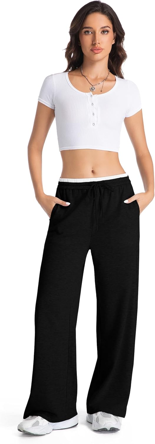 Womens Sweatpants Mid Waist Drawstring Baggy Wide Leg Pants Casual Trousers Jogger Pants with Pocket - Image 4