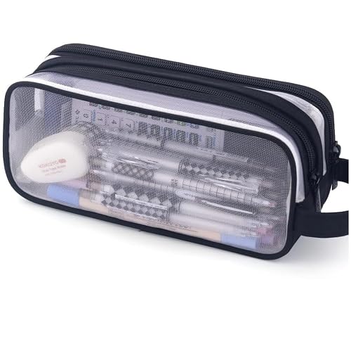 Deyaah Large Clear Mesh Pencil Case Pouch, 2 Compartment Pen