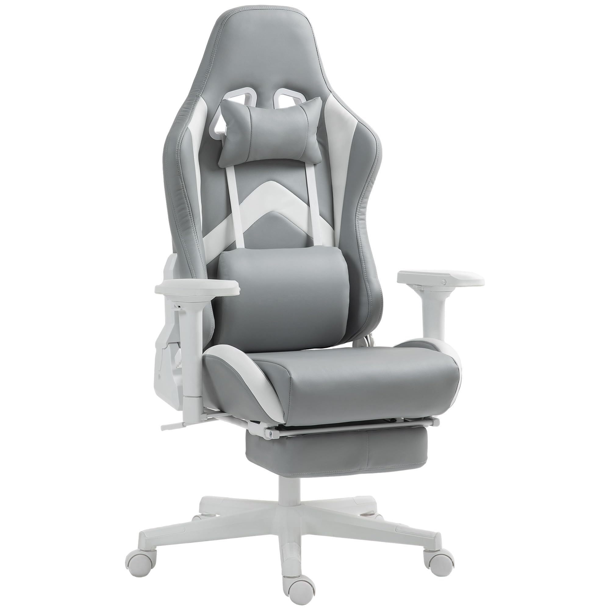 HOMCOM Silla Gaming Silla Gamer Reclinable con Altura Ajustable Reposapiés Retráctil Soporte Lumbar y Reposacabezas Desmontable Silla para Oficina Estudio Gris Claro y Blanco