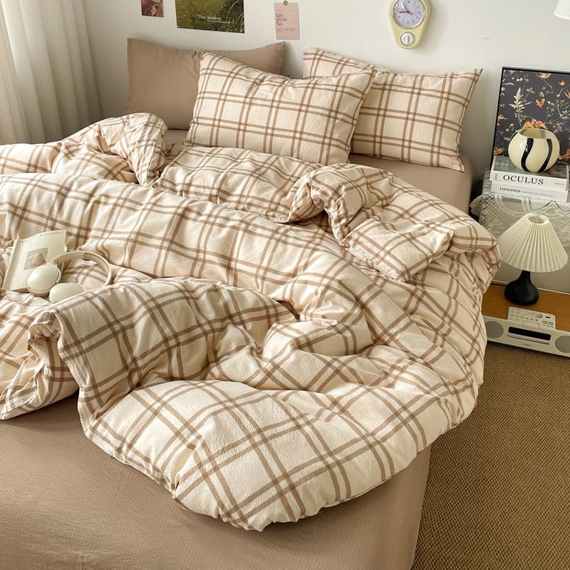 Image of Gingham Duvet Cover Set Queen Size,Beige Plaid Patterned 3Pcs Bedding Set for Kids Adults,Soft Breathable Microfiber Comforter Cover Checkered Design with Zipper Closure and 2 Pillowcases