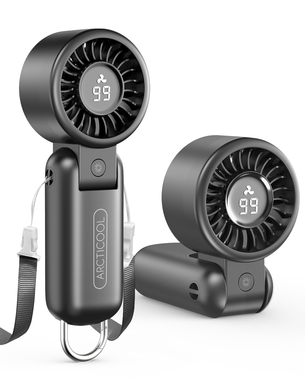 Portable Fan Mini USB Rechargeable 5-Speed Mini Fan with Digital Display, 2000mAh Battery, Hanging Neck Fan | Foldable Desktop/Handheld Design with Hook for Makeup, Outdoor, Travel (Black)