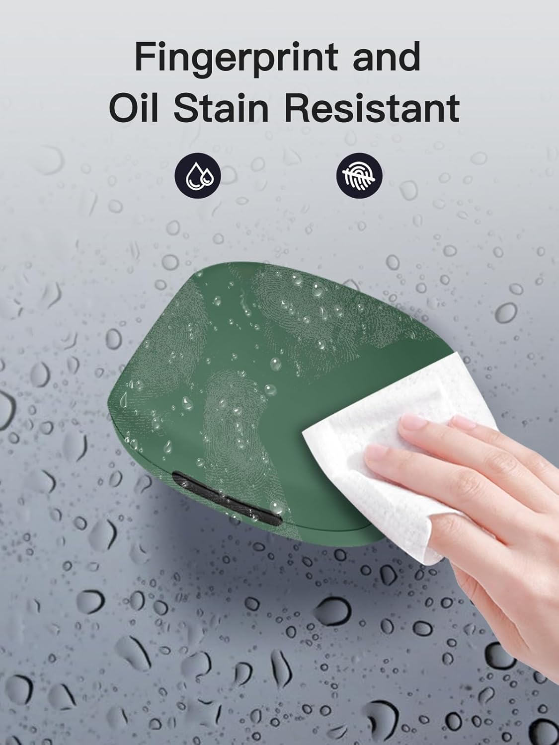 Hand wiping fingerprints off the YANMONGI silicone case, showing its fingerprint and oil stain resistant surface.