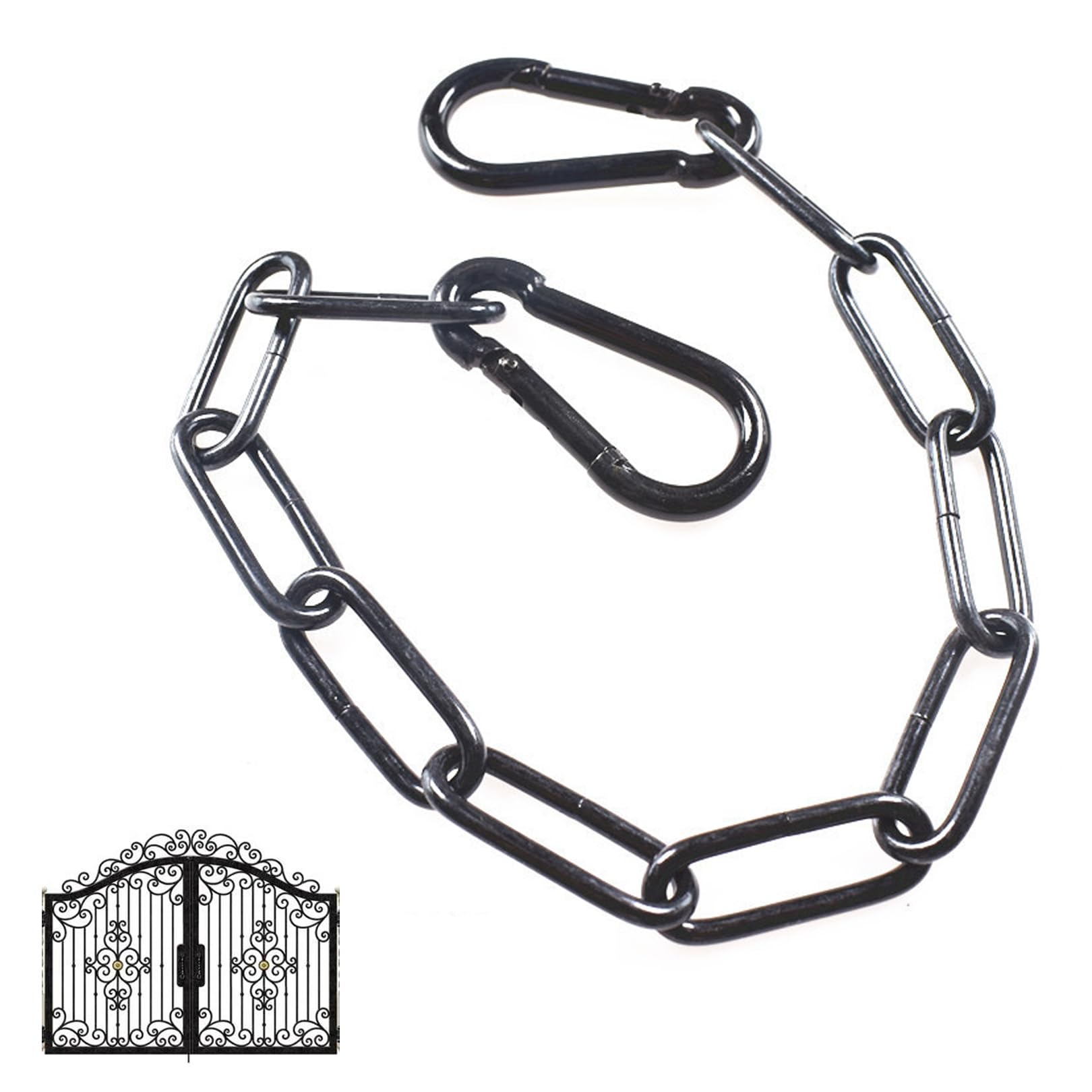Black Chain,Security Chain,GateChain,60cm/23.6 inch Chains Lock,Heavy Duty Stainless SteelChain with 2 Detachable Carabiners,Black Metal GateChain for Outdoor Fence, Cage, Gate Security Lock