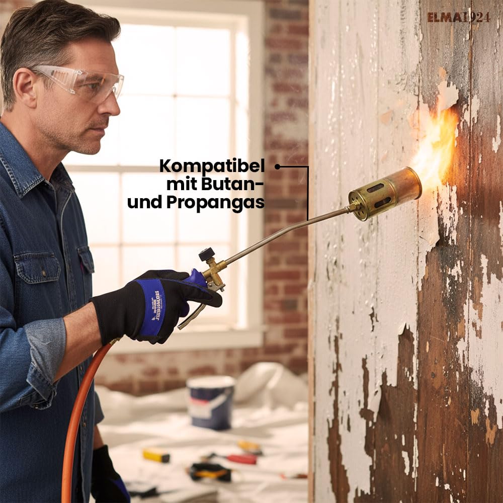 ELMA Gasbrenner Unkrautbrenner mit 60 mm Düse & 3 m Schlauch | Abflammgerät für Unkraut, Dachpappe & Grill – Ergonomischer Griff | Kompatibel mit Butan und Propangas