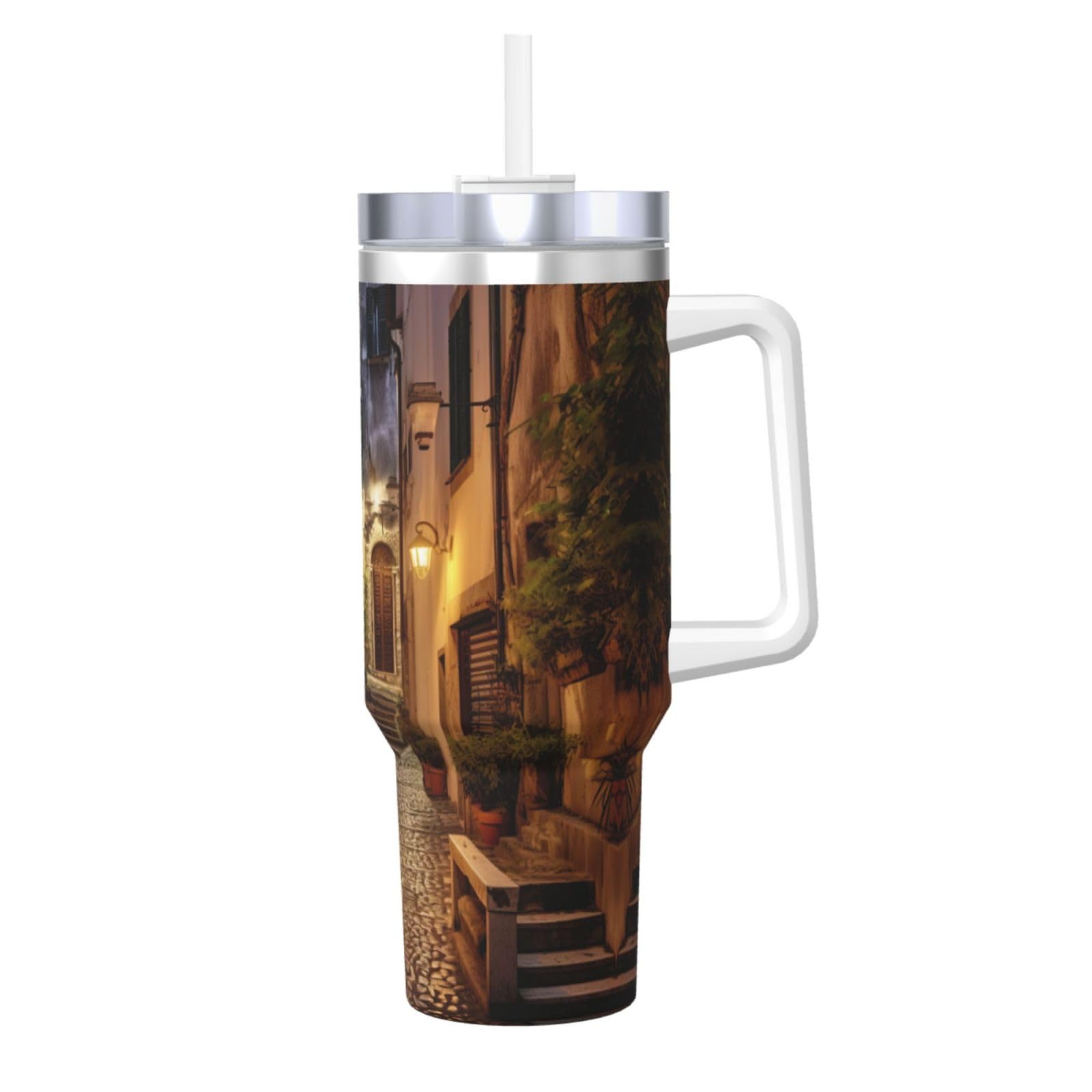 Italian Old Street Ice Bully Wasserflasche aus Edelstahl, doppelwandig, isoliert, mit Griff und Strohhalm-Deckel, 1,2 l