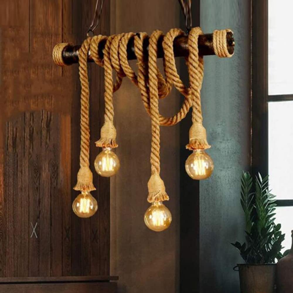 Lampa sufitowa w stylu vintage, z liny konopnej, przemysłowa, wisząca, retro, rustykalny żyrandol do kuchni, salonu, jadalni, loftu, kawiarni E27 ing, bez żarówki, A