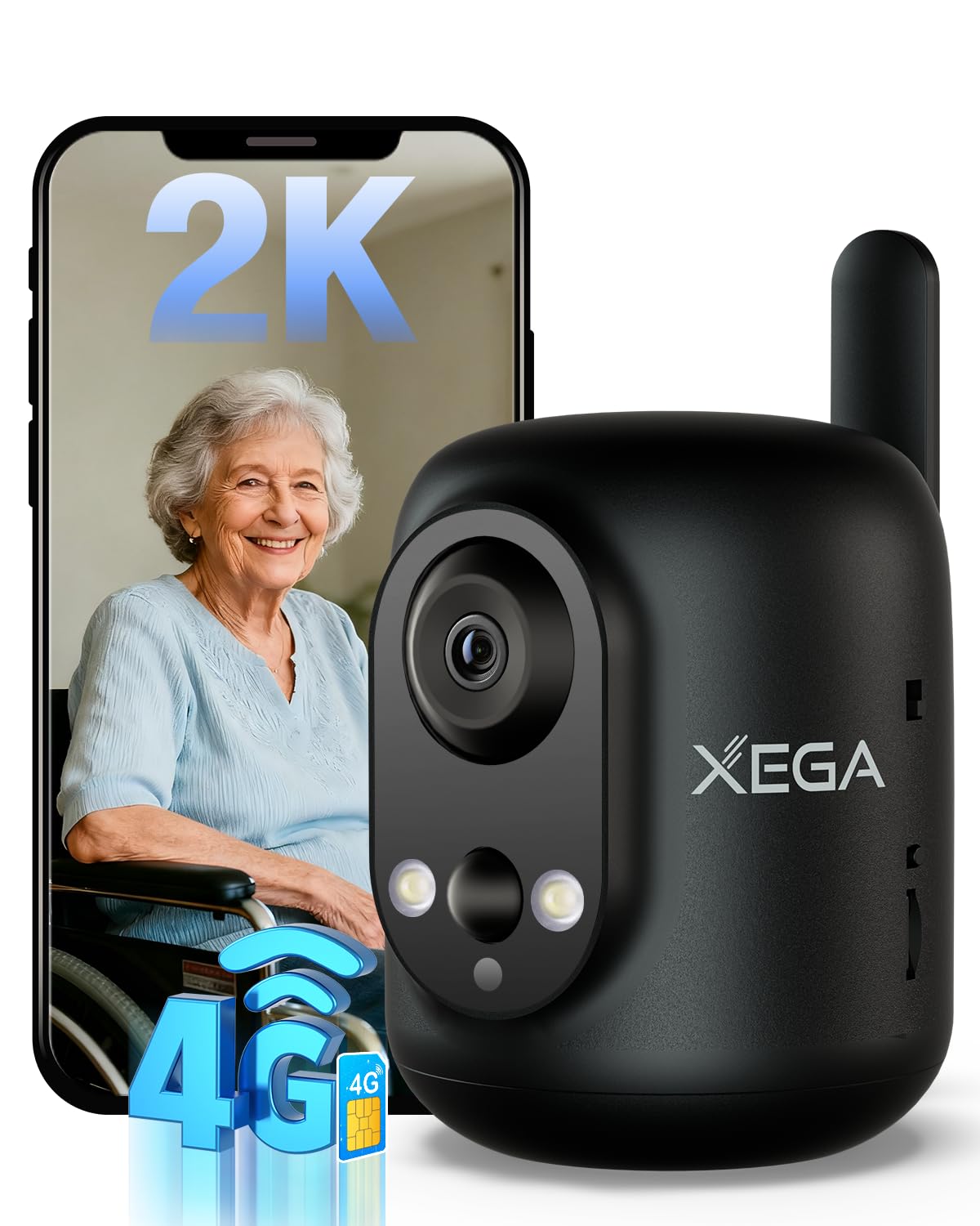Xega 4G LTE Cámara Vigilancia Interior con Tarjeta SIM, 2K Cámara Inalámbrica sin WiFi para Bebés/Mascotas/Ancianos, 6000mAh Batería, 355°P/60°T, Detección PIR, TF/Cloud No Resistente al Agua Negro