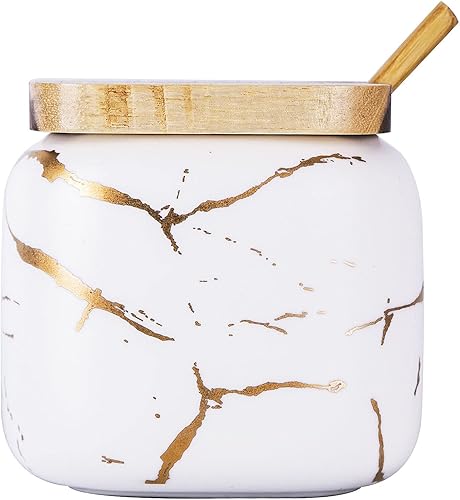 Miniatura 1 de VanEnjoy Tarro de porcelana decorativa con incrustaciones de mármol con tapa de bambú y cuchara para condimentos para el hogar