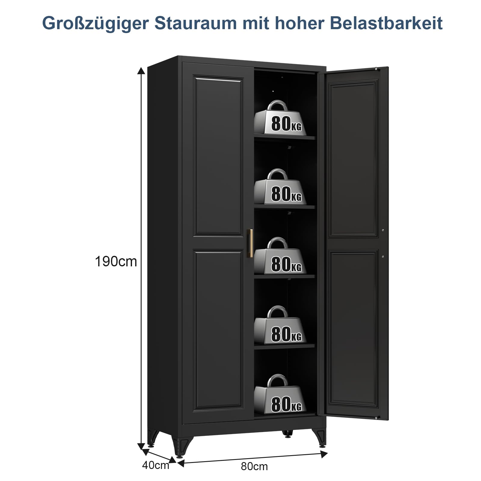 Metallschrank,190 x 80 x 40 cm Aktenschrank mit 4 verstellbaren Einlegeböden Stahlschrank Aufbewahrungsschrank mit 2 Türen Mehrzweckschrank für Schule Haus Büro Garage Schwarz