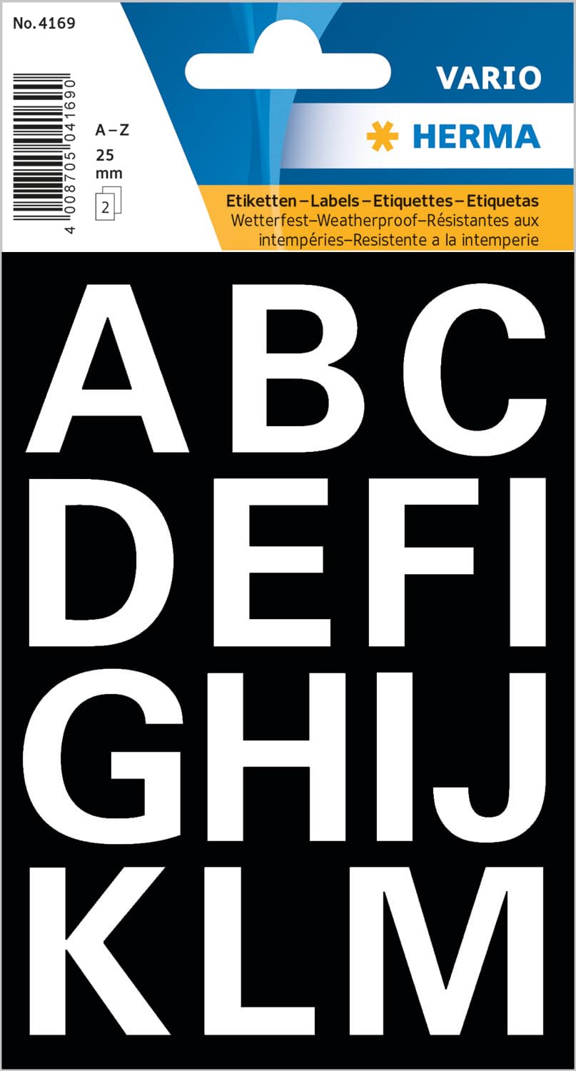 HERMA Lot de 30 lettres autocollantes blanches - Taille de la police : 25 mm - Imperméables - Résistantes aux intempéries - Lettres de l'alphabet de A à Z - En film plastique à coller - Transparent