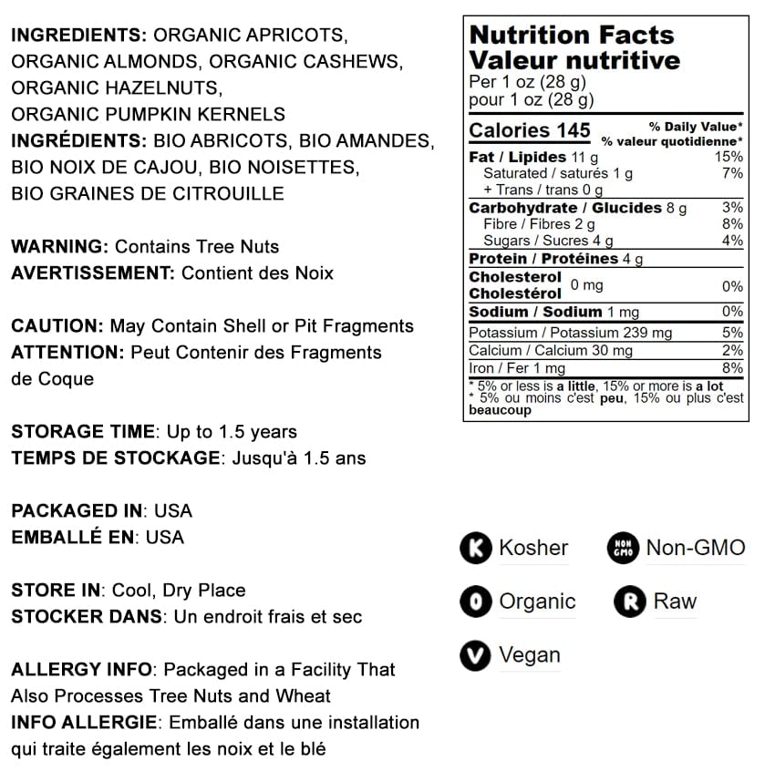 Miniatura 4 de Organic Active Life Trail Mix, 4 onzas, mezcla de aperitivos crudos y sin OMG que contiene anacardos, semillas de calabaza, albaricoques, avellanas,